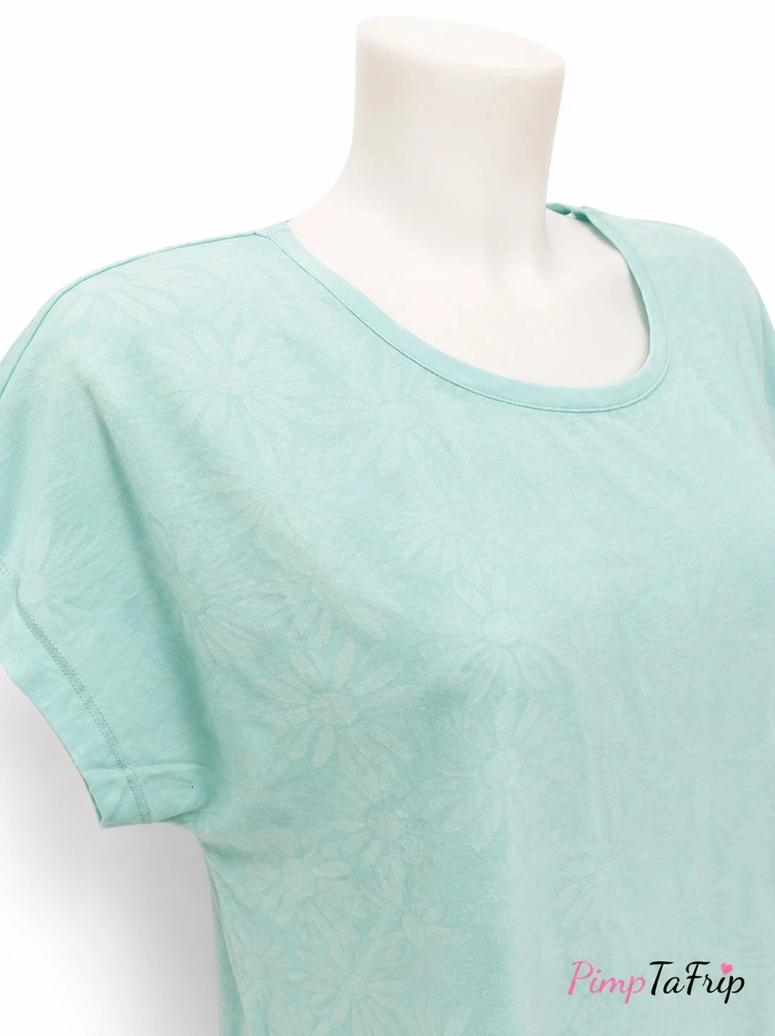 Camiseta Kiabi mujer verde agua con estampado floral tono sobre tono – Encaje en la espalda – Talla XL – photo 3